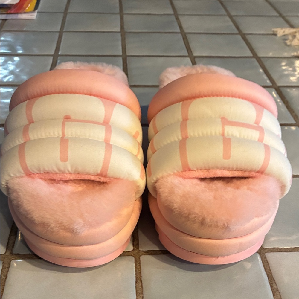 UGG Pink and White Fluffy Slippers